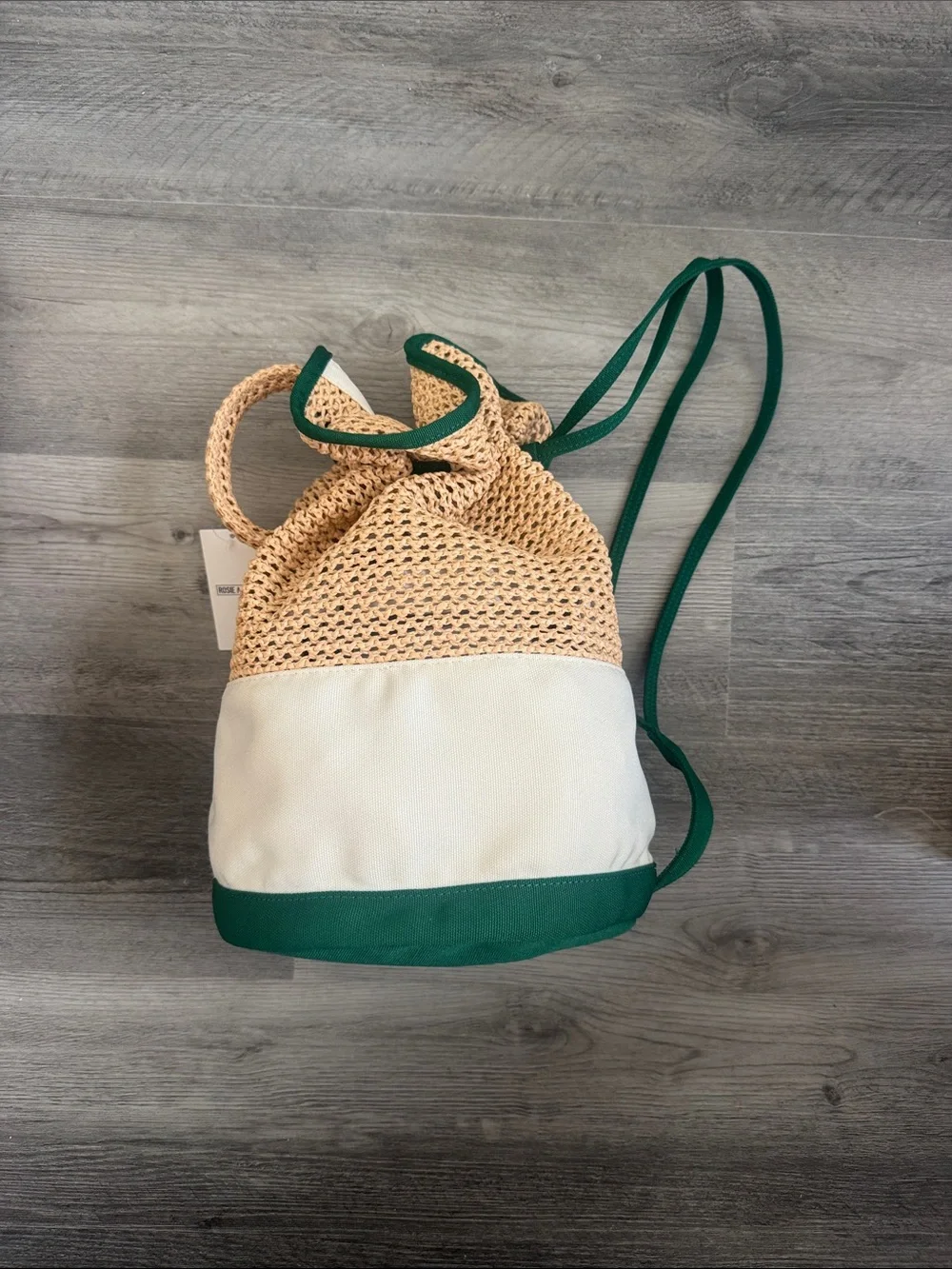 Rosie Assoulin x Target Straw & Cream Drawstring Bag w/Green Trim& Handle NWT